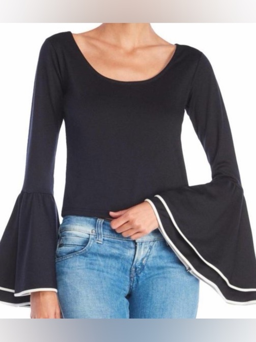 Torn By Ronny Kobo Sabrina Ponte Double Bell Sleeve Top in Black - M